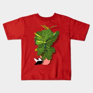 Cute tuxedo cat and Fiddle Leaf Fig Tree Copyright TeAnne Kids T-Shirt